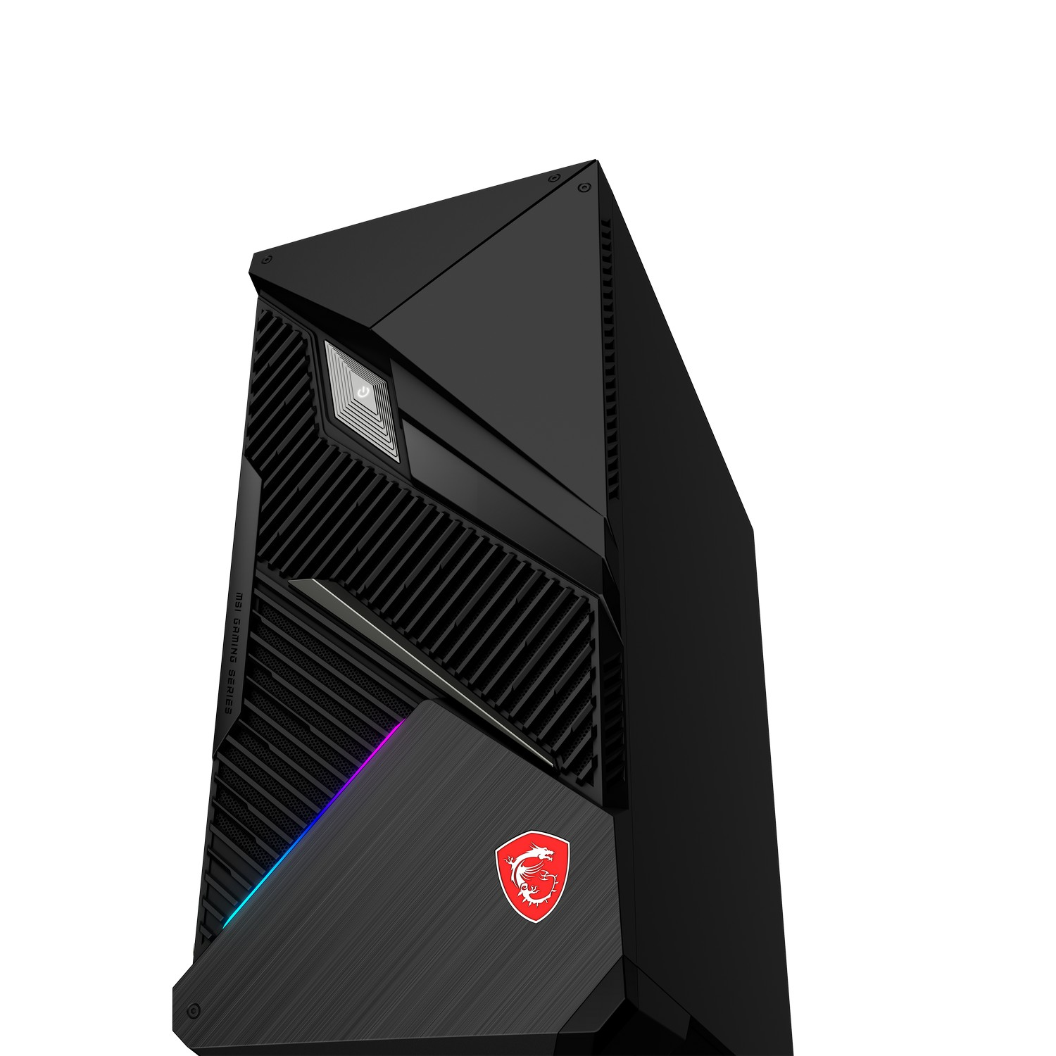 Un boîtier de PC gaming noir est présenté. Il possède un bouton d'alimentation et le logo MSI Gaming Series. Le boîtier est incliné sur fond blanc.