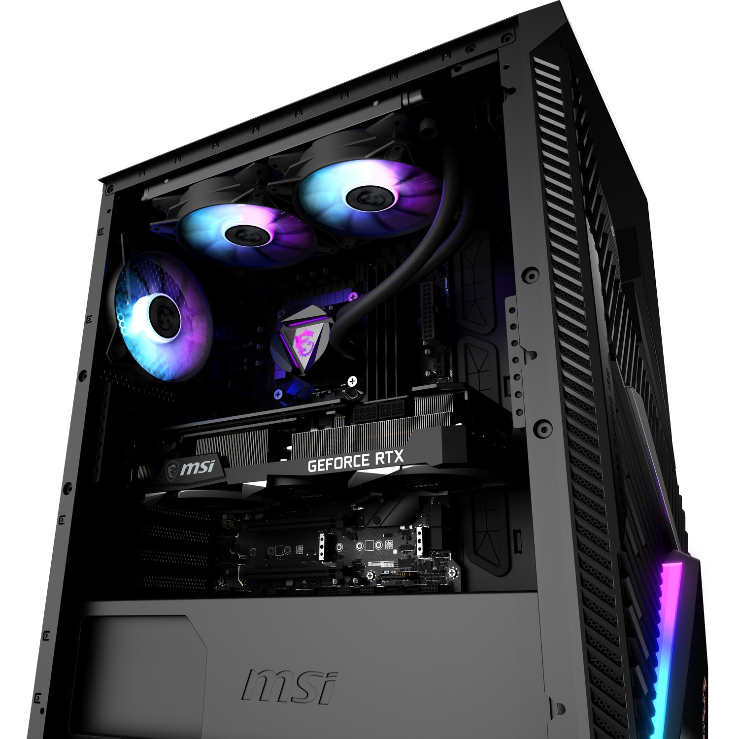 Boîtier PC MSI noir avec composants internes visibles. Comprend des ventilateurs, une carte graphique et la marque MSI. Illuminé de lumières colorées.
