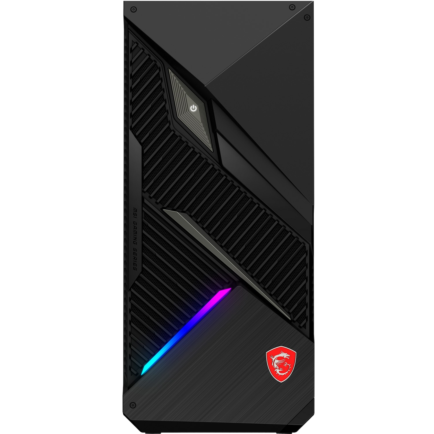 Zwarte MSI gaming pc-kast met een aan/uit-knop en een drakenlogo. Het heeft een kleurrijk LED-licht.