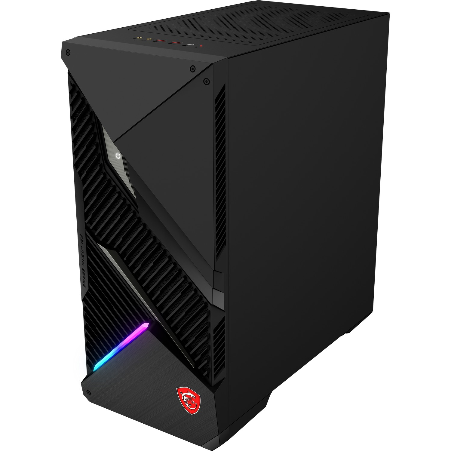 Een zwarte MSI gaming pc-kast. Het heeft een aan/uit-knop, ventilatieopeningen en een MSI-logo. Het voorpaneel heeft een kleurschift.
