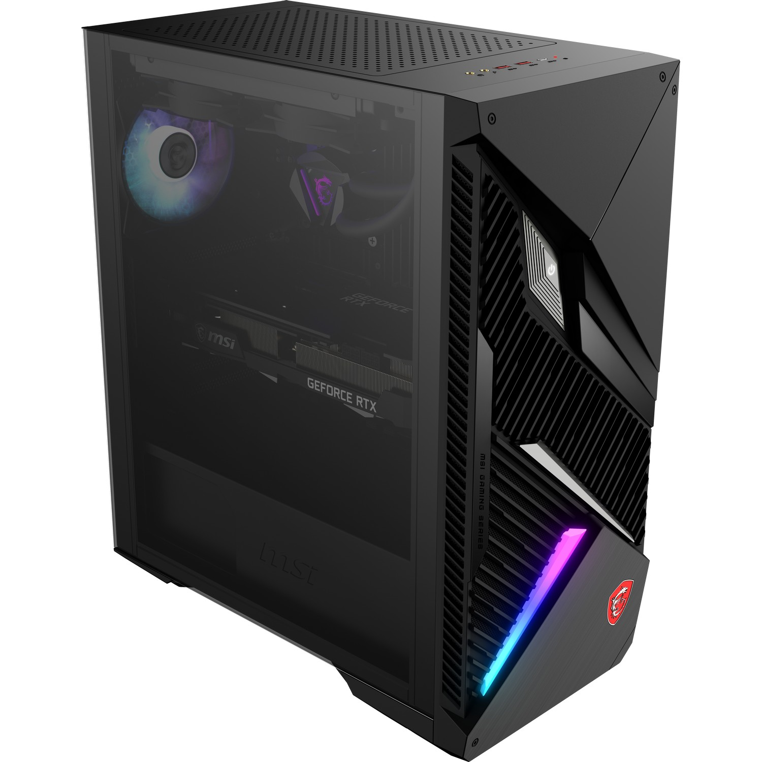 Een zwarte MSI gaming pc-kast met een glazen zijpaneel. Het heeft RGB-verlichting en het MSI-logo. De interne componenten zijn zichtbaar.