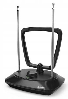 Czarna antena wewnętrzna z dwoma prętami i okrągłą podstawą.