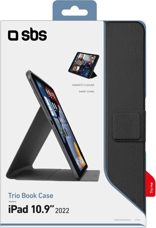 Tablet w czarnym etui. Etui jest otwarte i pochylone, widoczny jest iPad.