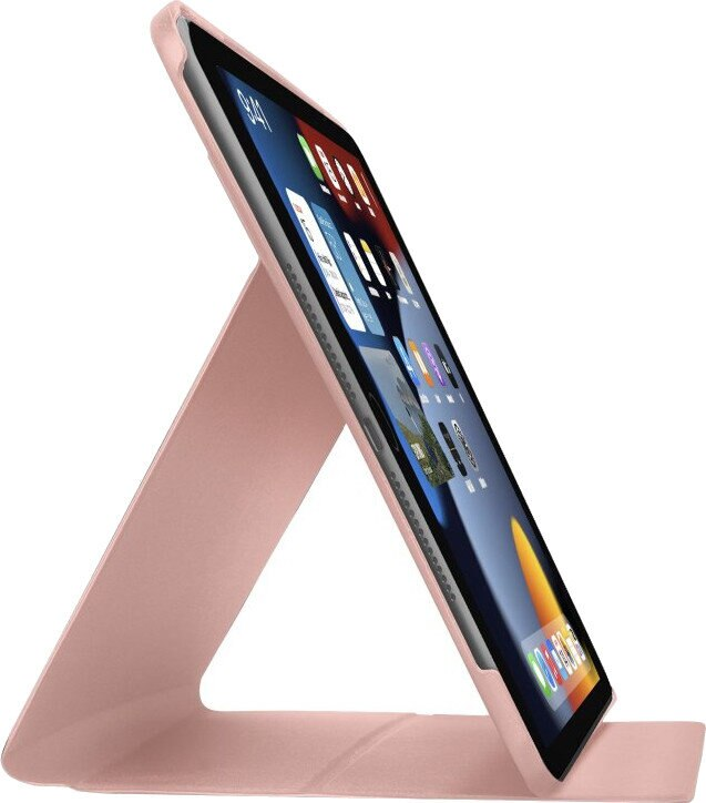Różowy tablet w etui, podparty. Ekran pokazuje kolorowy ekran główny z aplikacjami i ikonami.