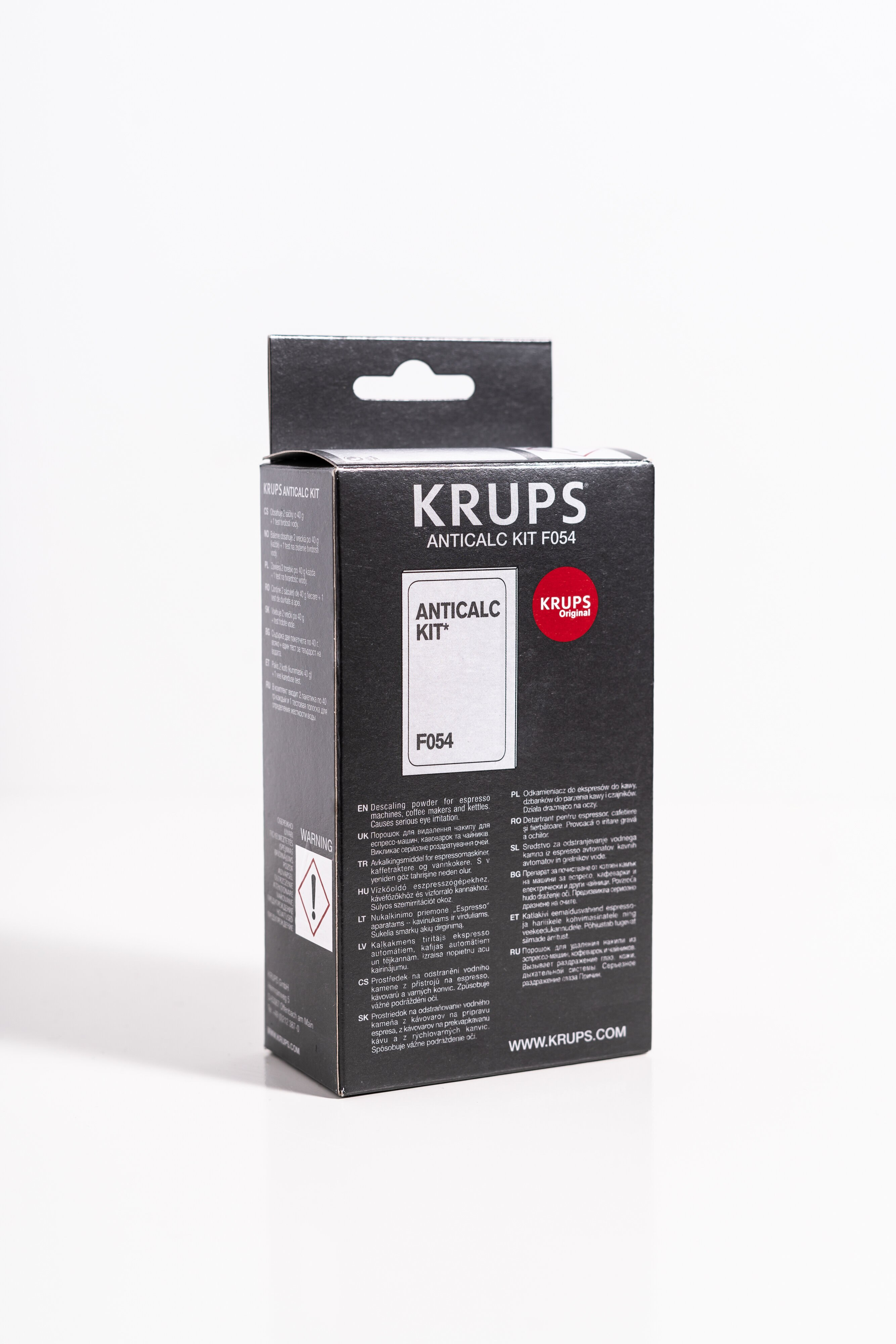 Pudełko Krups Anticalc Kit F054 na białym tle.