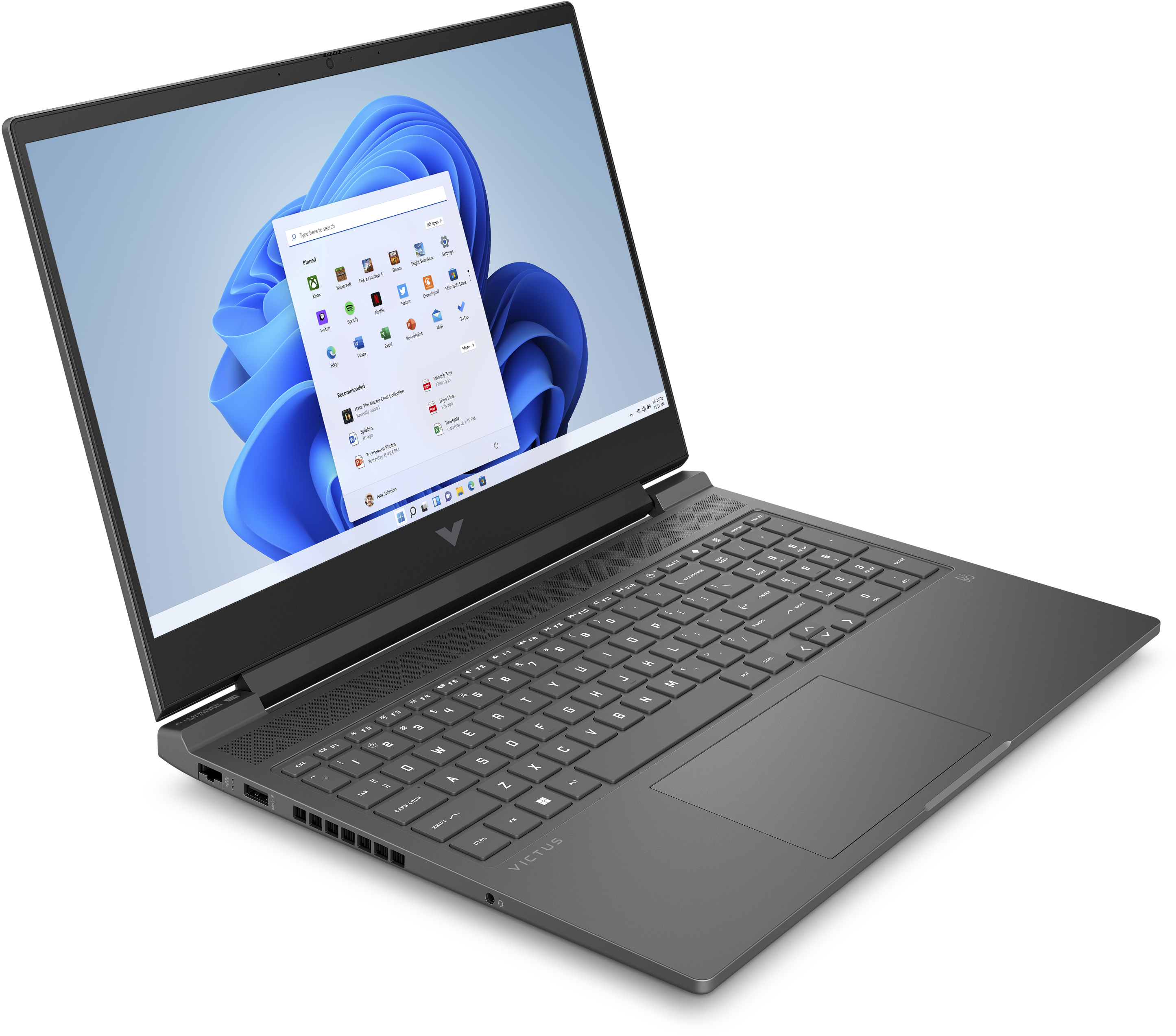 Ein grauer Laptop mit offenem Bildschirm zeigt das Windows 11-Startmenü vor einem blauen Hintergrund.