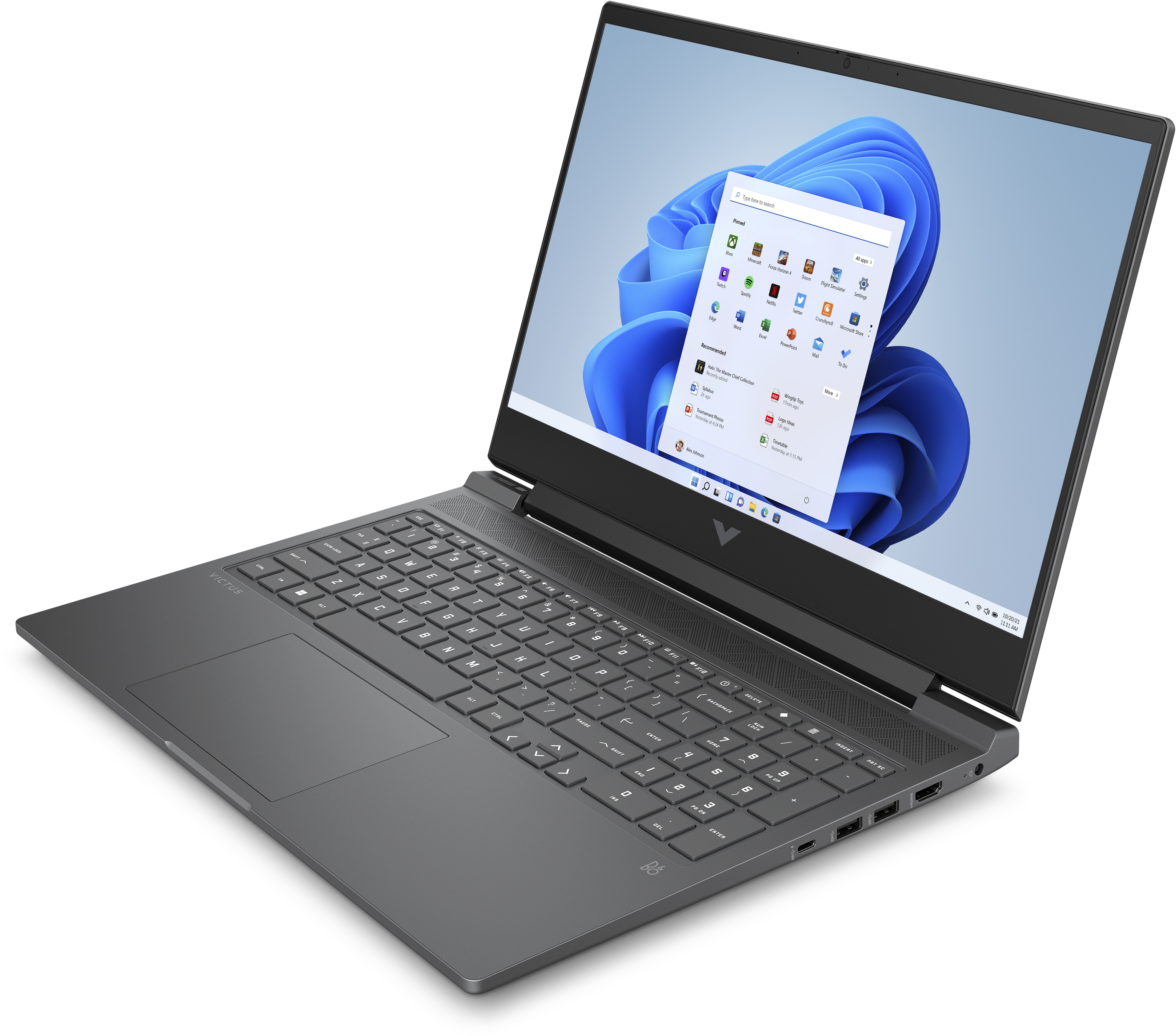 Grauer HP Victus Laptop mit offenem Startmenü auf dem Bildschirm, isoliert auf weißem Hintergrund.