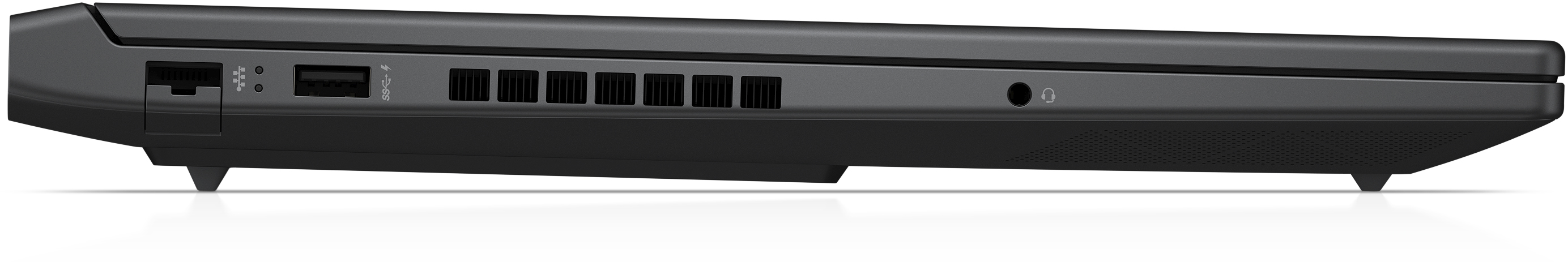 Seitenansicht eines schwarzen Laptops mit Anschlüssen wie USB, Ethernet und Audio sowie Lüftungsschlitzen.