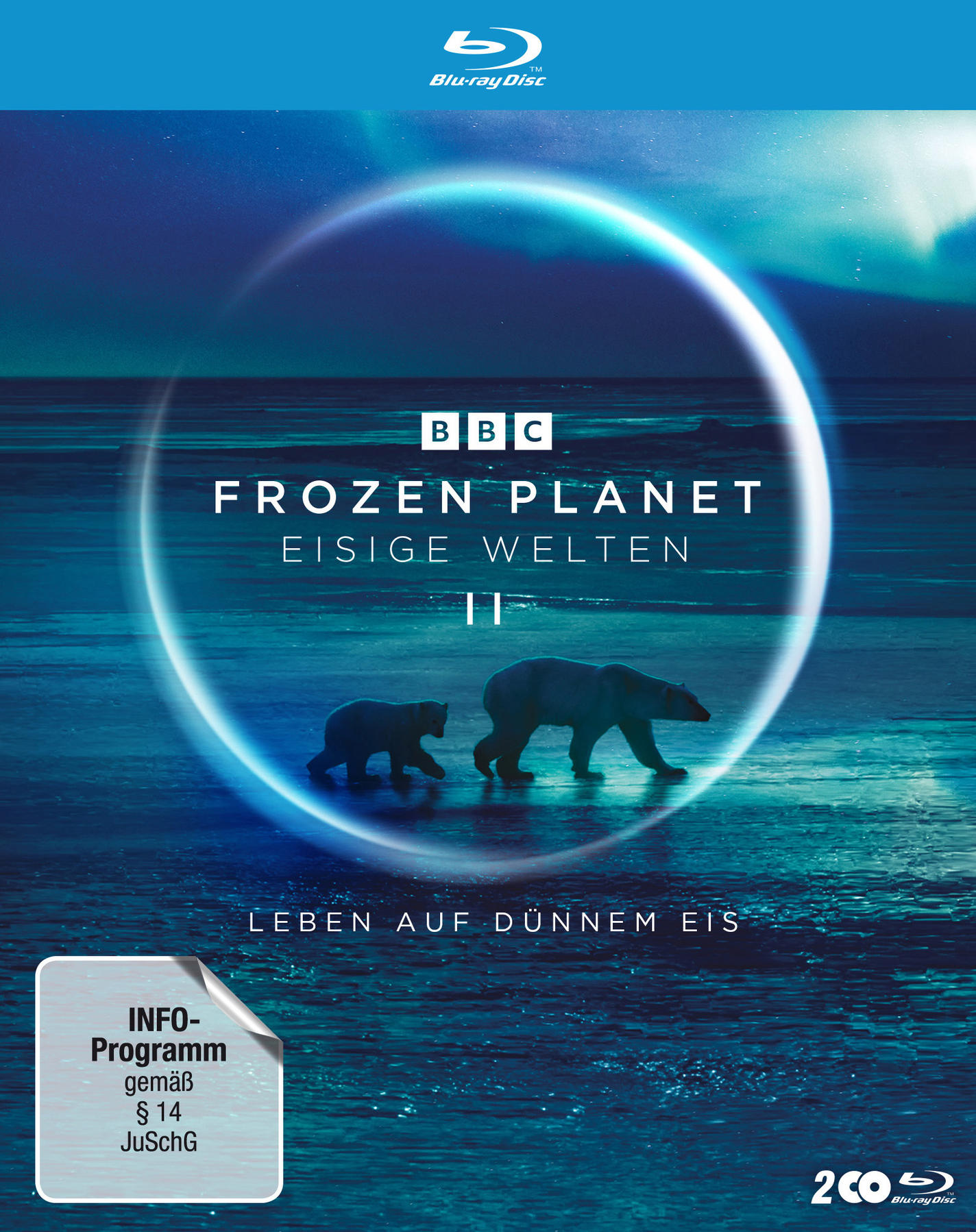 Blu-Ray-Cover mit Eisbären auf Eis. Titel: Frozen Planet II.