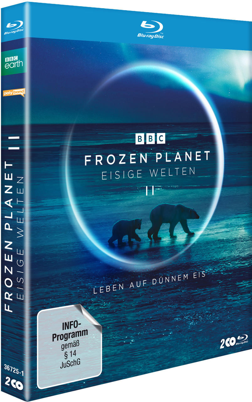 Frozen Planet II Blu-ray Disc Cover mit Eisbären und Jungtier.