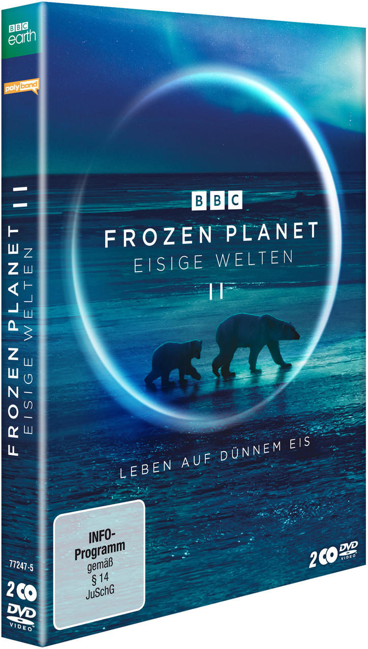 DVD-Hülle von 'Frozen Planet II' mit Eisbären auf Eis und blauem, eisigen Hintergrund.