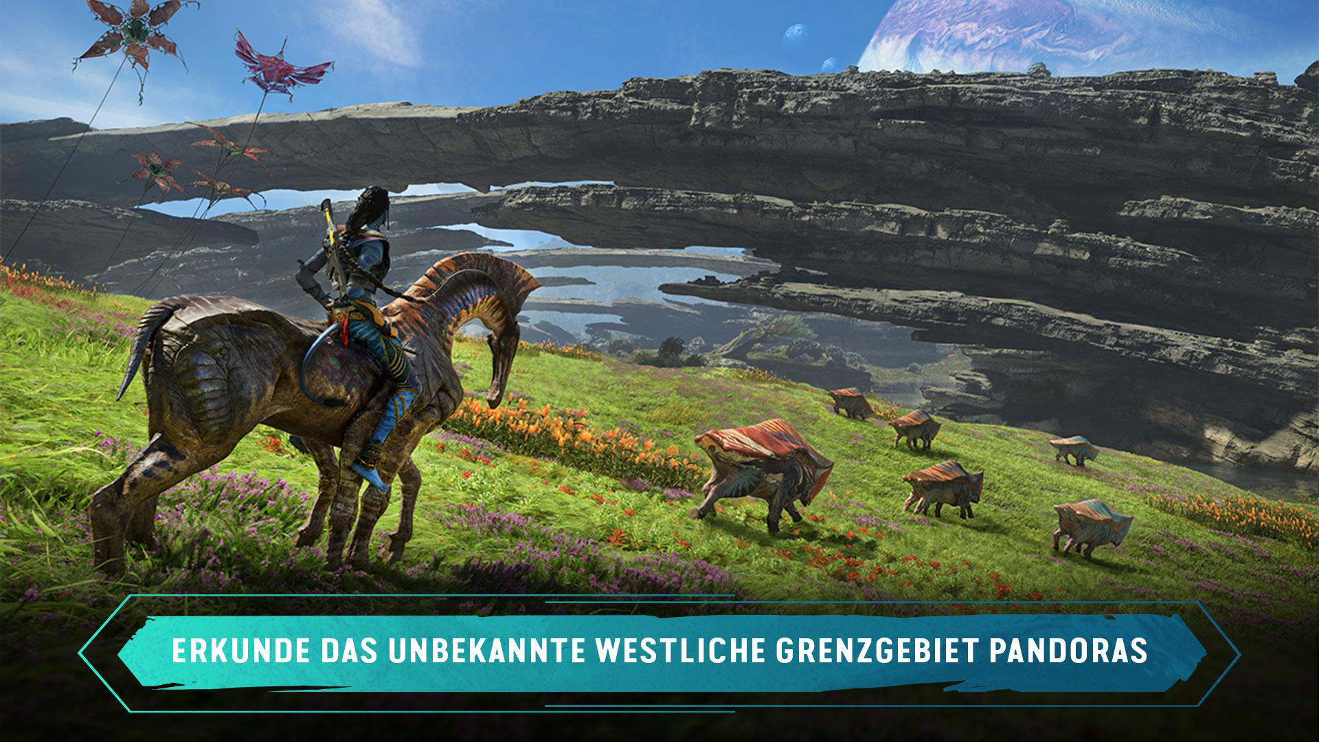 Eine Person reitet auf einem Tier in einer lebendigen Landschaft mit schwebenden Felsen.