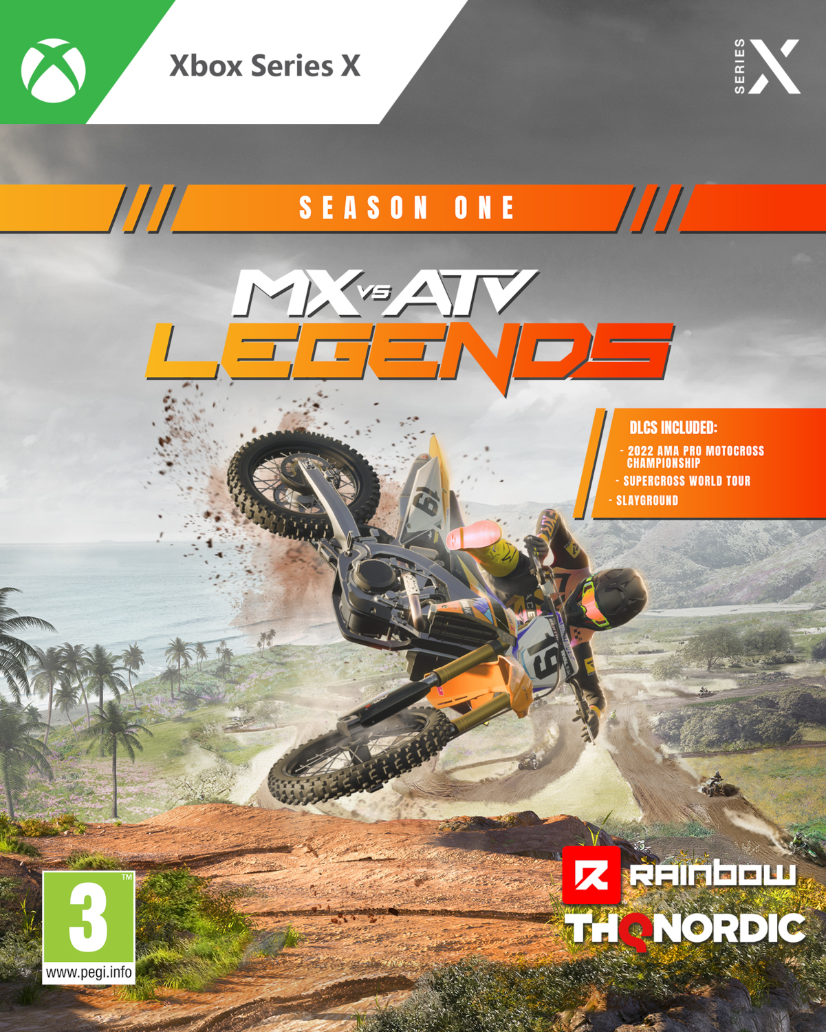 Xbox Series X gamebox. Een motorcross racer is in de lucht. Titel: MX vs ATV Legends.