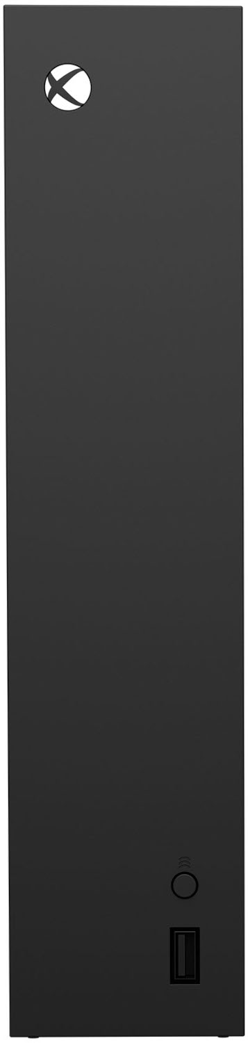 Zwarte Xbox Series X console. Voorzien van het Xbox-logo bovenaan en een USB-poort onderaan.