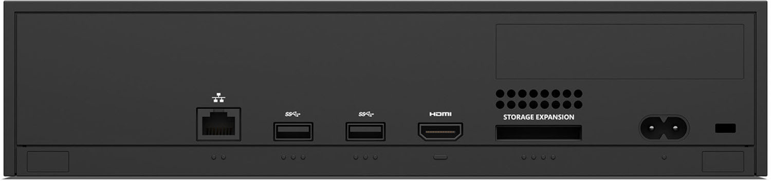 Achteraanzicht van een zwart apparaat, met verschillende poorten en een voedingsconnector. Tekst "STORAGE EXPANSION".