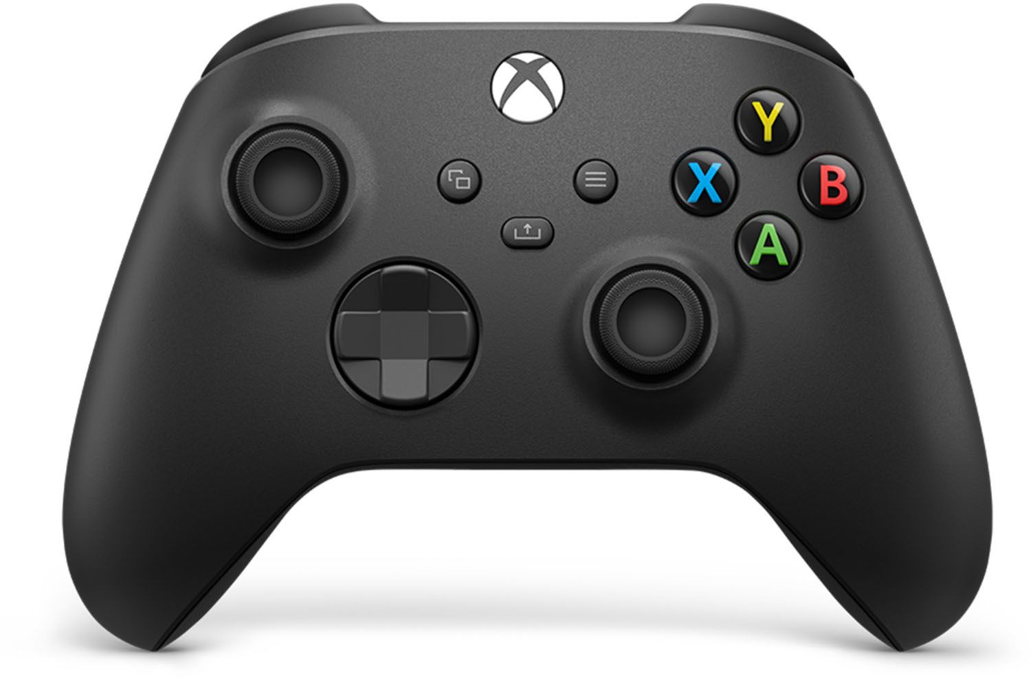 Een zwarte Xbox-controller met gekleurde knoppen.