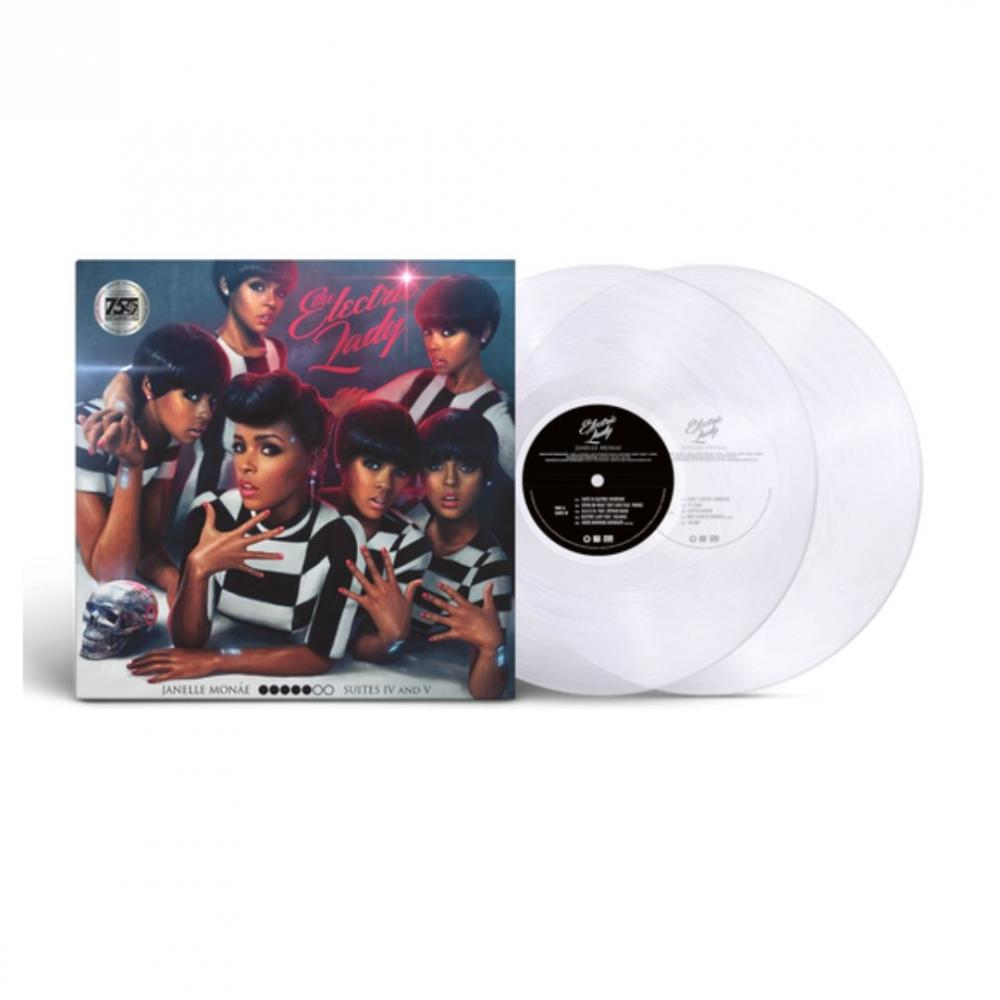 Albumcover für Janelle Monáes 'Electric Lady' mit zwei weißen Schallplatten auf weißem Hintergrund.