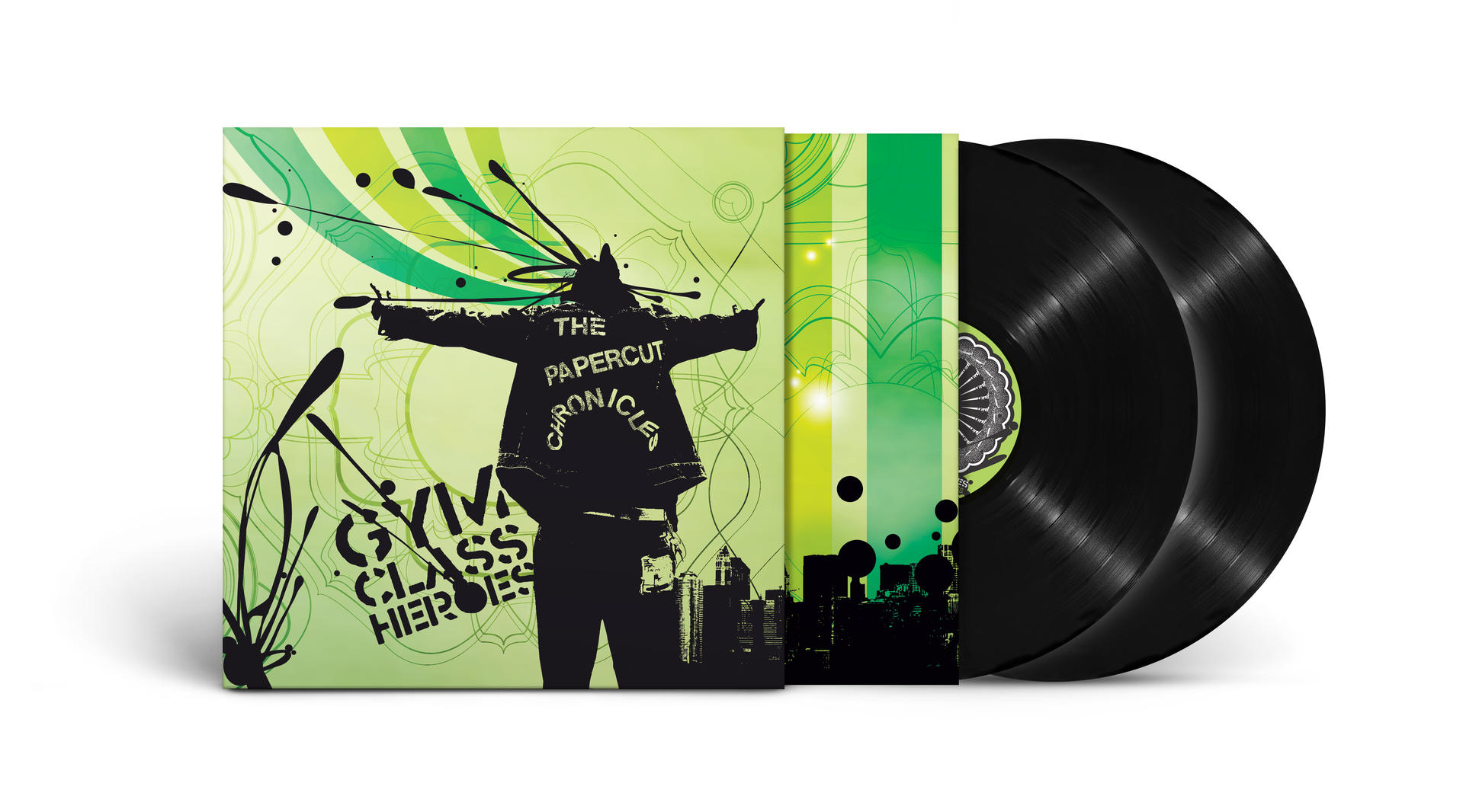 Vinyl-Schallplattenalbumcover mit grünem Design und zwei schwarzen Vinylplatten.