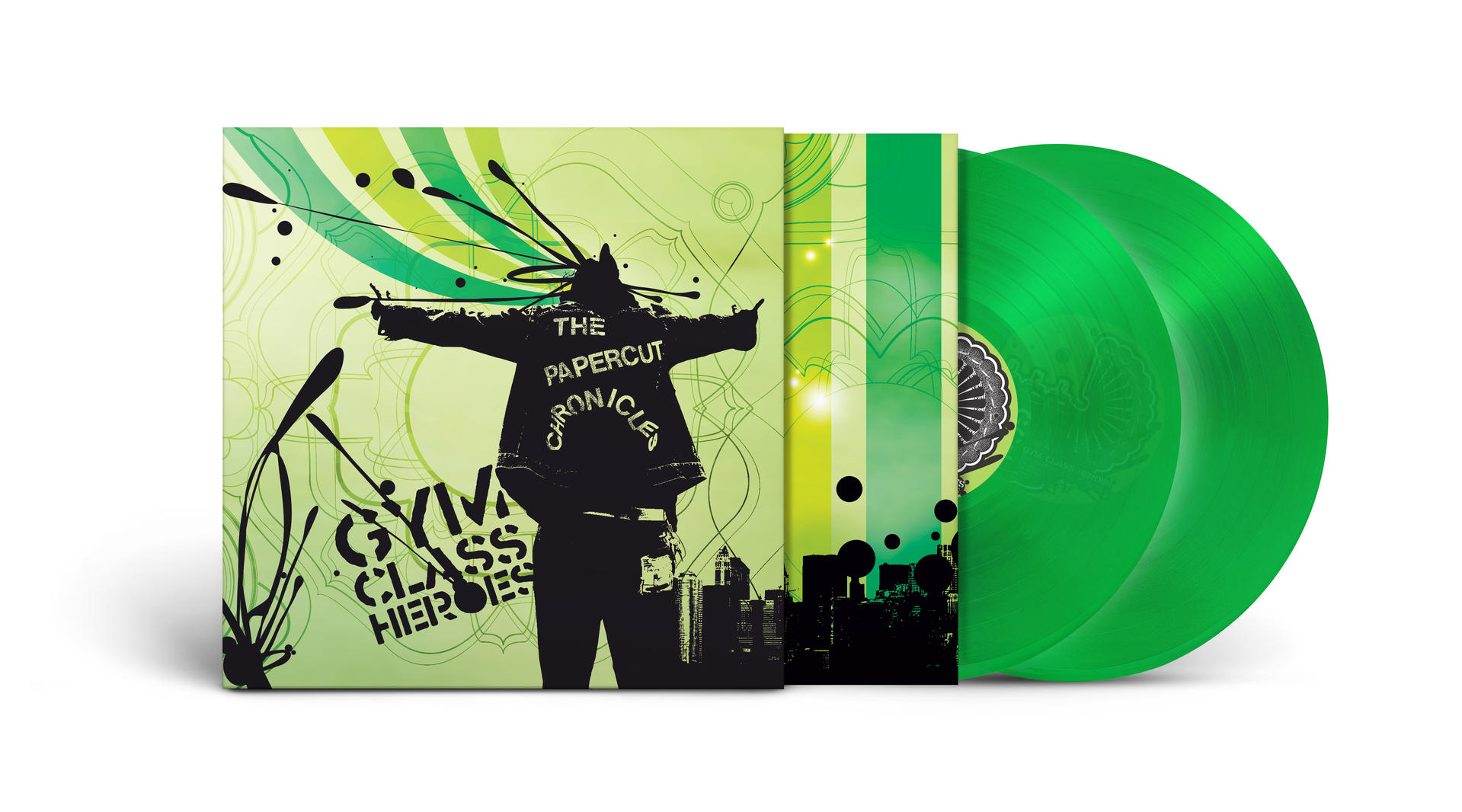 Albumcover von Gym Class Heroes. Grüne Vinyl-Schallplatten sind sichtbar.