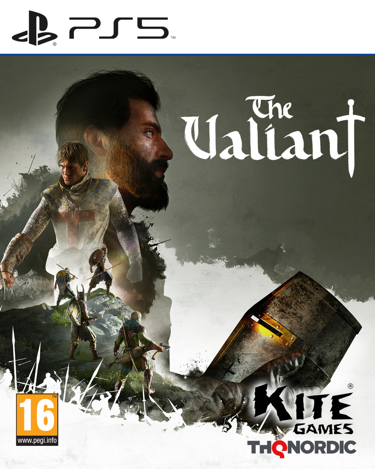 Couverture de jeu. Un chevalier se tient avec une épée, d'autres soldats en arrière-plan, et un casque.