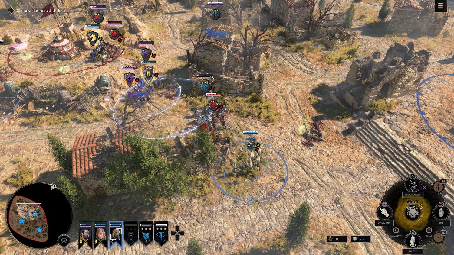 Vue aérienne d'un jeu de stratégie avec des soldats, des bâtiments et une carte.