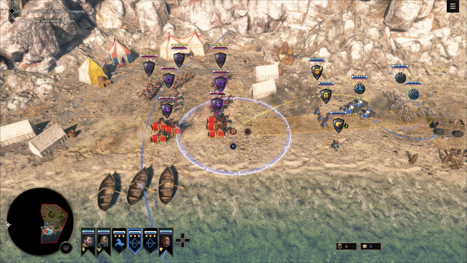 Vue de dessus d'une scène de bataille médiévale dans un jeu vidéo.