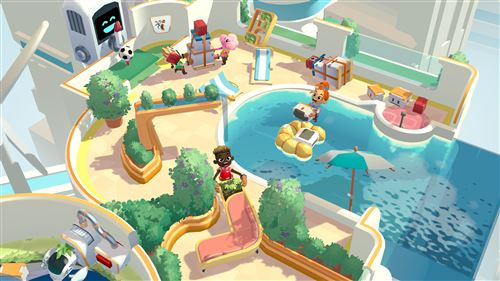 Vista aérea de una escena de juego colorida con una piscina y varios objetos.