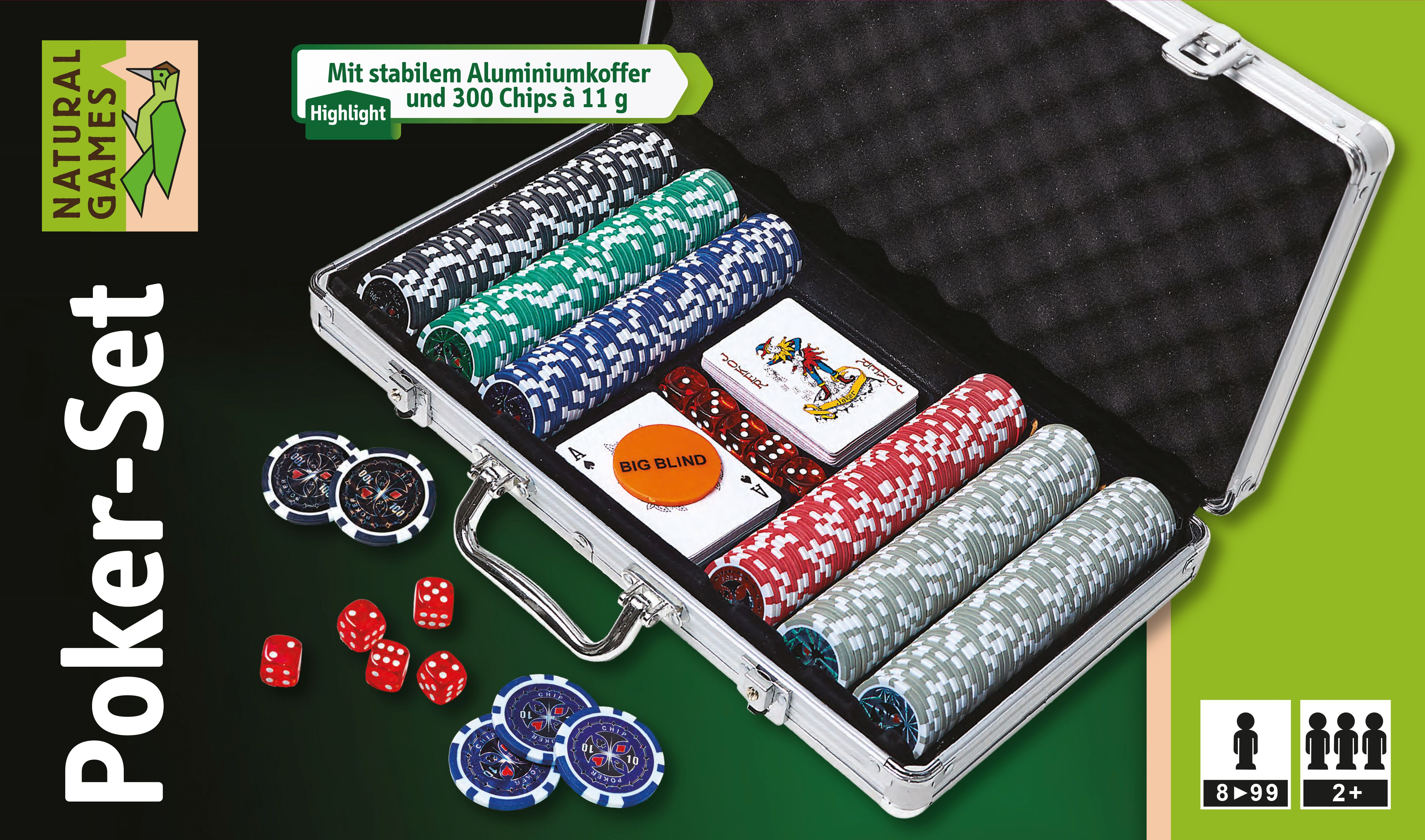 NATURAL GAMES Poker-Set im Aluminiumkoffer, 300 Chips Kartenspiel Mehrfarbig