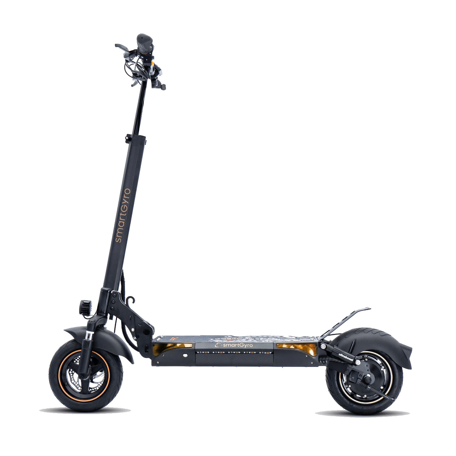 Scooter eléctrico negro con la marca smartGyro y un fondo negro.