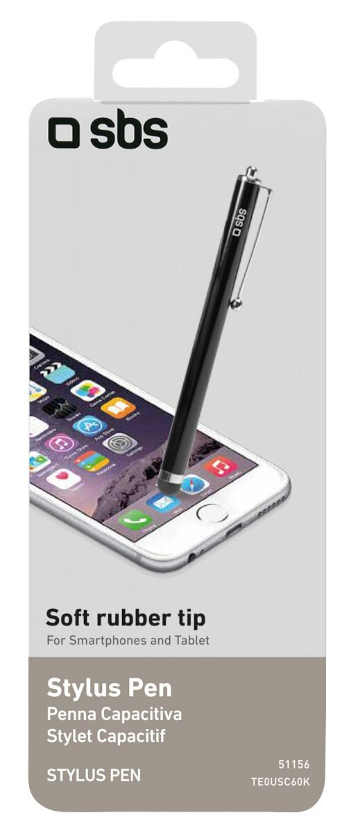 Czarny rysik ze srebrnym klipsem na białym i srebrnym opakowaniu. Wskazuje na smartfona.