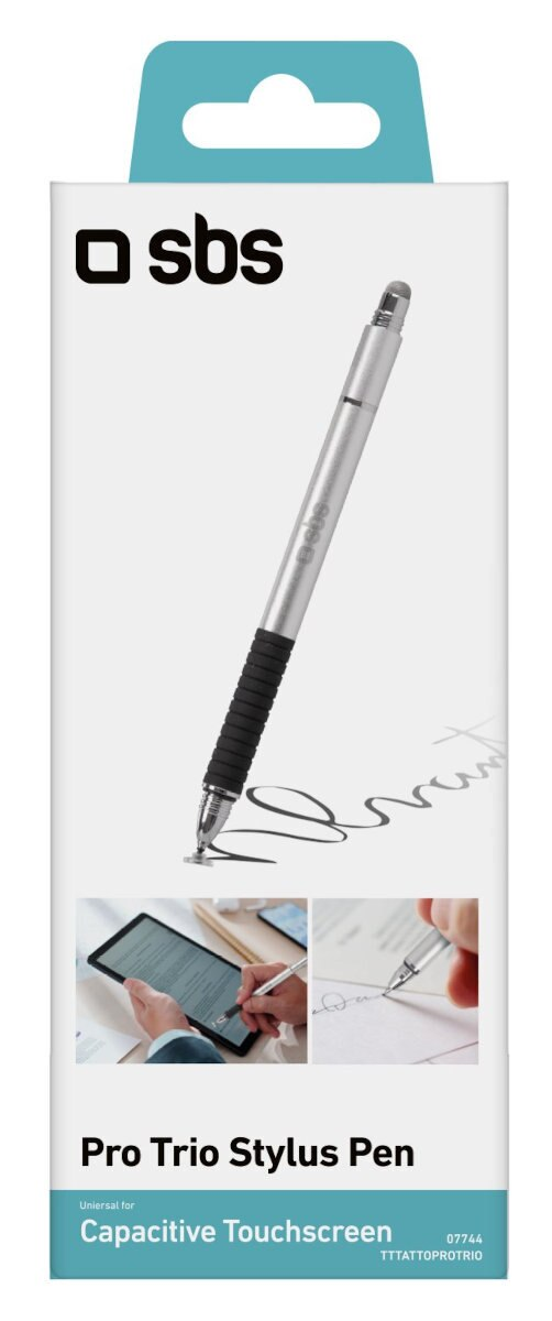 Białe pudełko ze srebrnym rysikiem, z czarnym gumowym uchwytem i ilustracjami użytkowania.