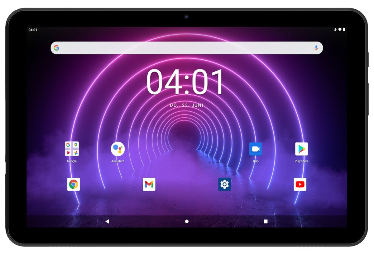 Czarny tablet wyświetla ekran cyfrowy z aplikacjami i godziną 04:01.