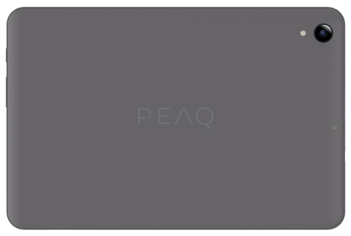 Tył tabletu. Szary kolor. Widoczna kamera i logo PEAQ. Czarne tło.
