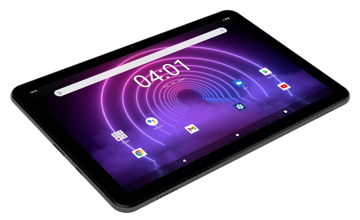 Czarny tablet wyświetla ekran cyfrowy z aplikacjami i godziną 04:01.