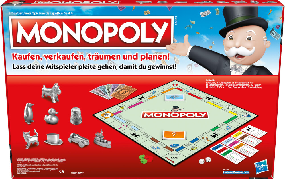 Monopoly-Brettspielbox mit Spielfiguren und einem Monopoly-Mann.