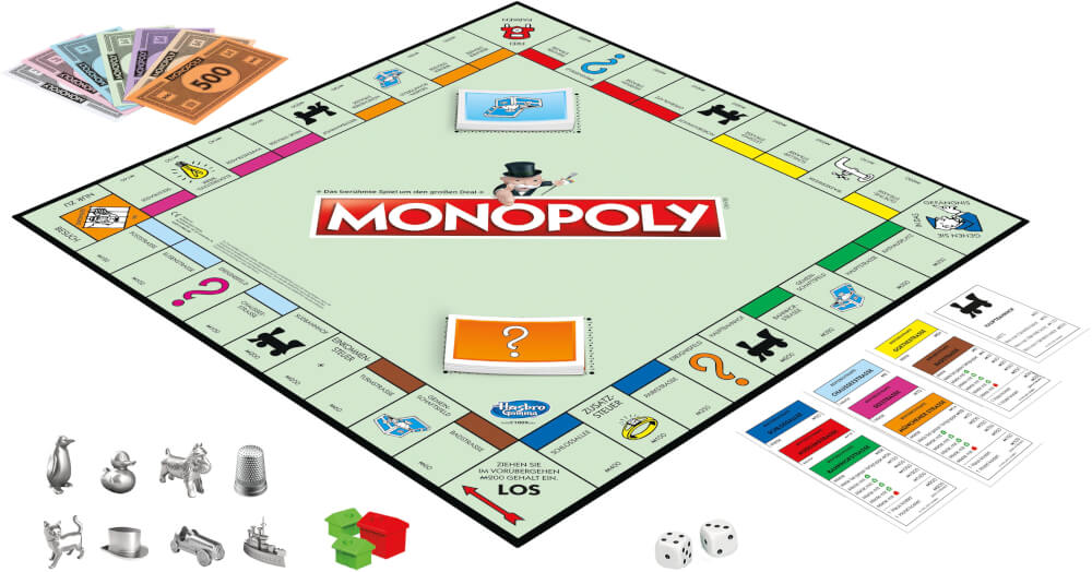 Monopoly-Brettspiel aufgebaut mit Geld, Spielfiguren, Würfeln und Immobilienkarten, spielbereit.