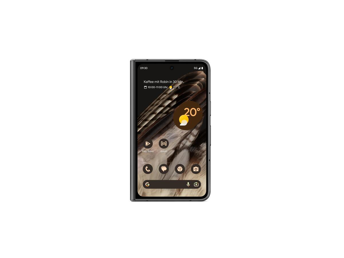 Geöffnetes Google Pixel Fold-Handy zeigt eine Wetter-App mit 20 Grad an. Uhrzeit und Datum sind sichtbar.