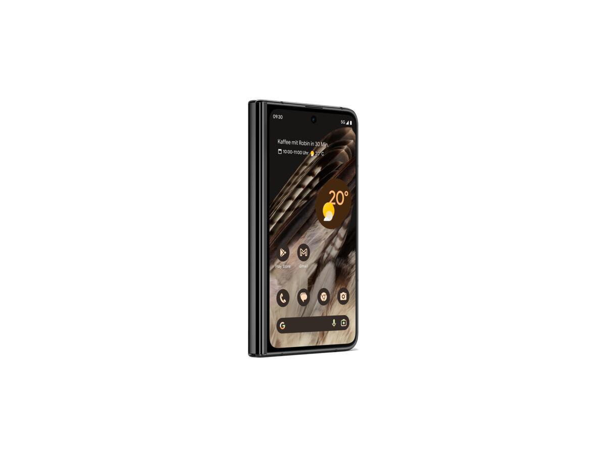 Ein gefaltetes Smartphone mit einem Bildschirm mit Kalender, Wetter und Symbolen. Das Telefon ist weiß und schwarz.