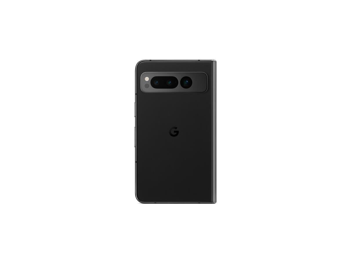 Schwarzes, zusammengeklapptes Google-Telefon mit Rückkamera und Google-Logo.