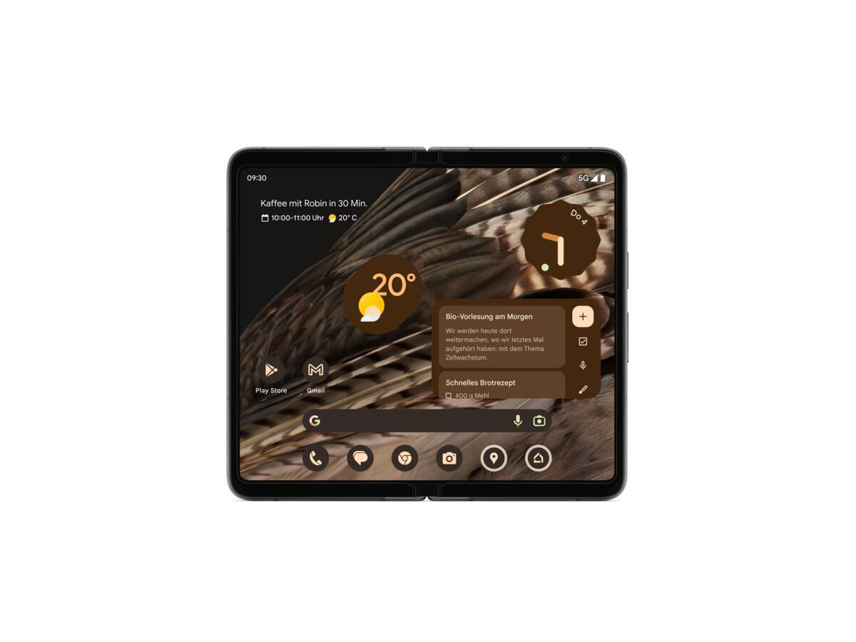 Aufgeklapptes faltbares Telefon, zeigt zwei Bildschirme. Oberer Bildschirm hat ein Wetter-Widget. Weißer Hintergrund.