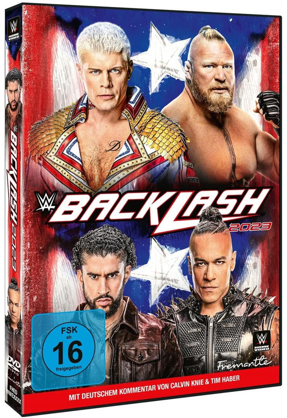 DVD-Cover mit vier Wrestlern. Der Titel lautet 'Backlash 2023'. Rote, weiße und blaue Farben werden verwendet.