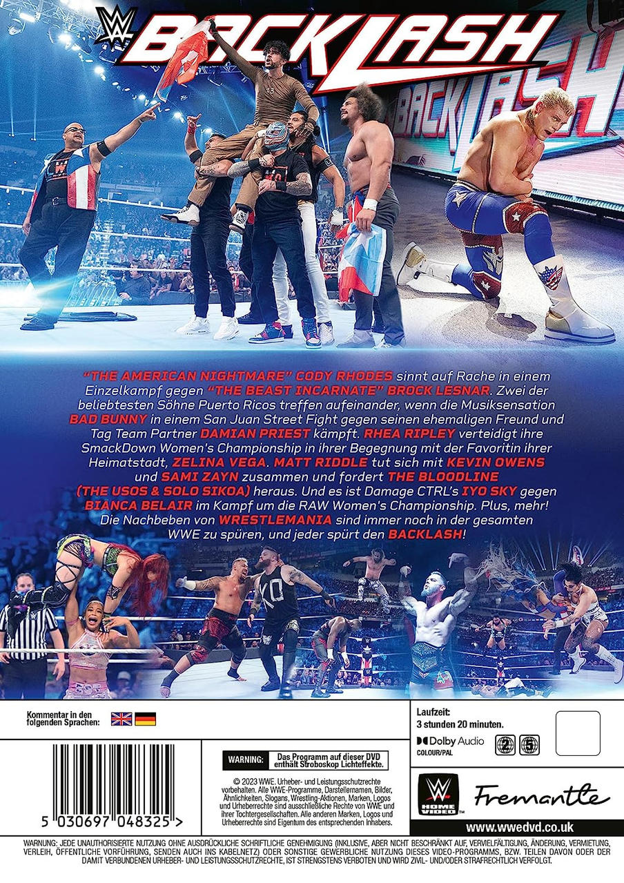 Eine DVD-Hülle mit Wrestling-Figuren und Text: 'Backlash', mit blauem und rotem Design.
