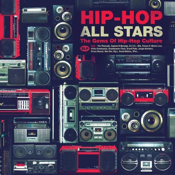 Albumcover: Eine Sammlung von Vintage-Boomboxen, roter Text lautet "HIP-HOP ALL STARS".