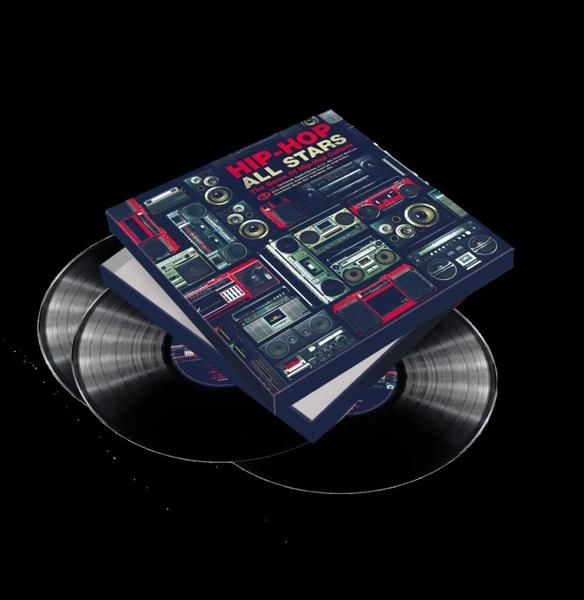 Schallplatten und eine Box-Set. Box-Set hat verschiedene Boombox-Bilder. Schwarzer Hintergrund.