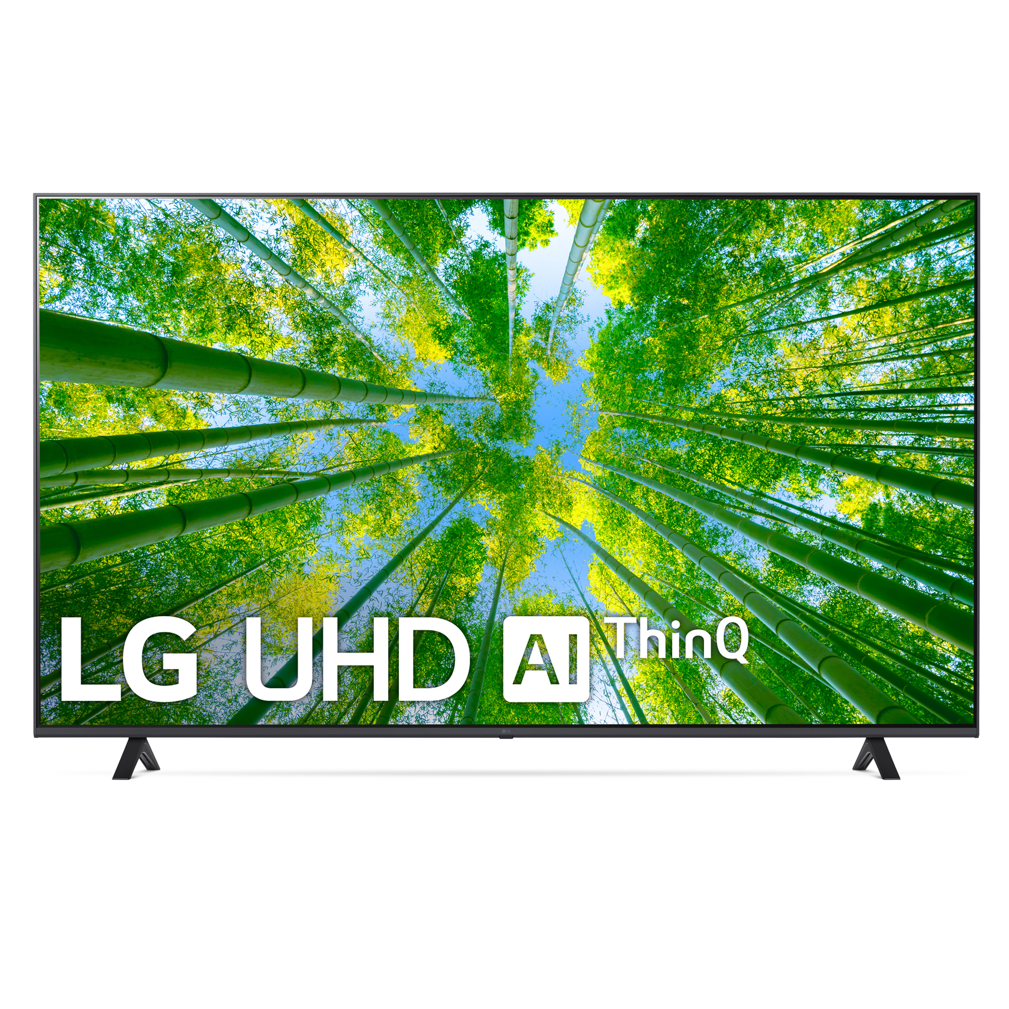 Una pantalla de TV LG UHD AI ThinQ muestra una imagen de un bosque de bambú con el logotipo de LG.