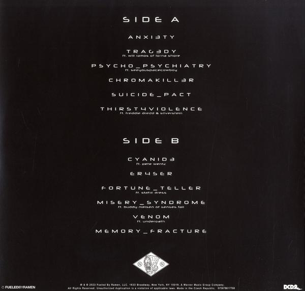 Album-Trackliste. Seite A und B mit Songtiteln und Künstlernamen. Weißer Hintergrund.