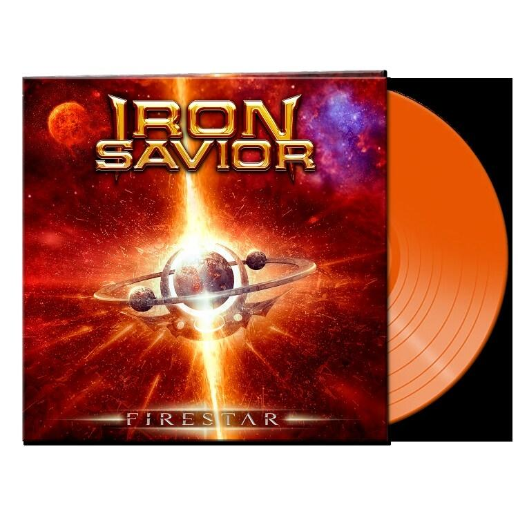 Albumcover für Iron Savior's Firestar mit rotem und goldenem Weltraumthema und orangefarbener Vinyl.