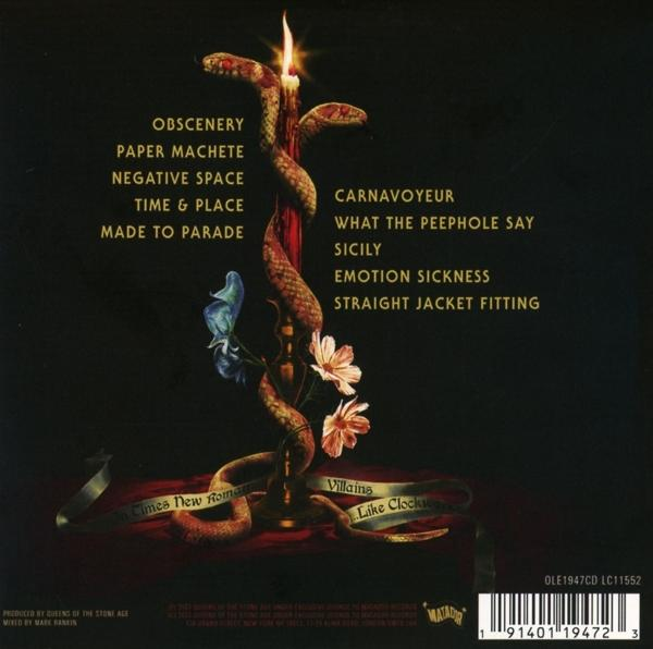 Pochette d'album avec des serpents enlacés autour d'une bougie. Les titres des chansons sont listés autour de l'image.