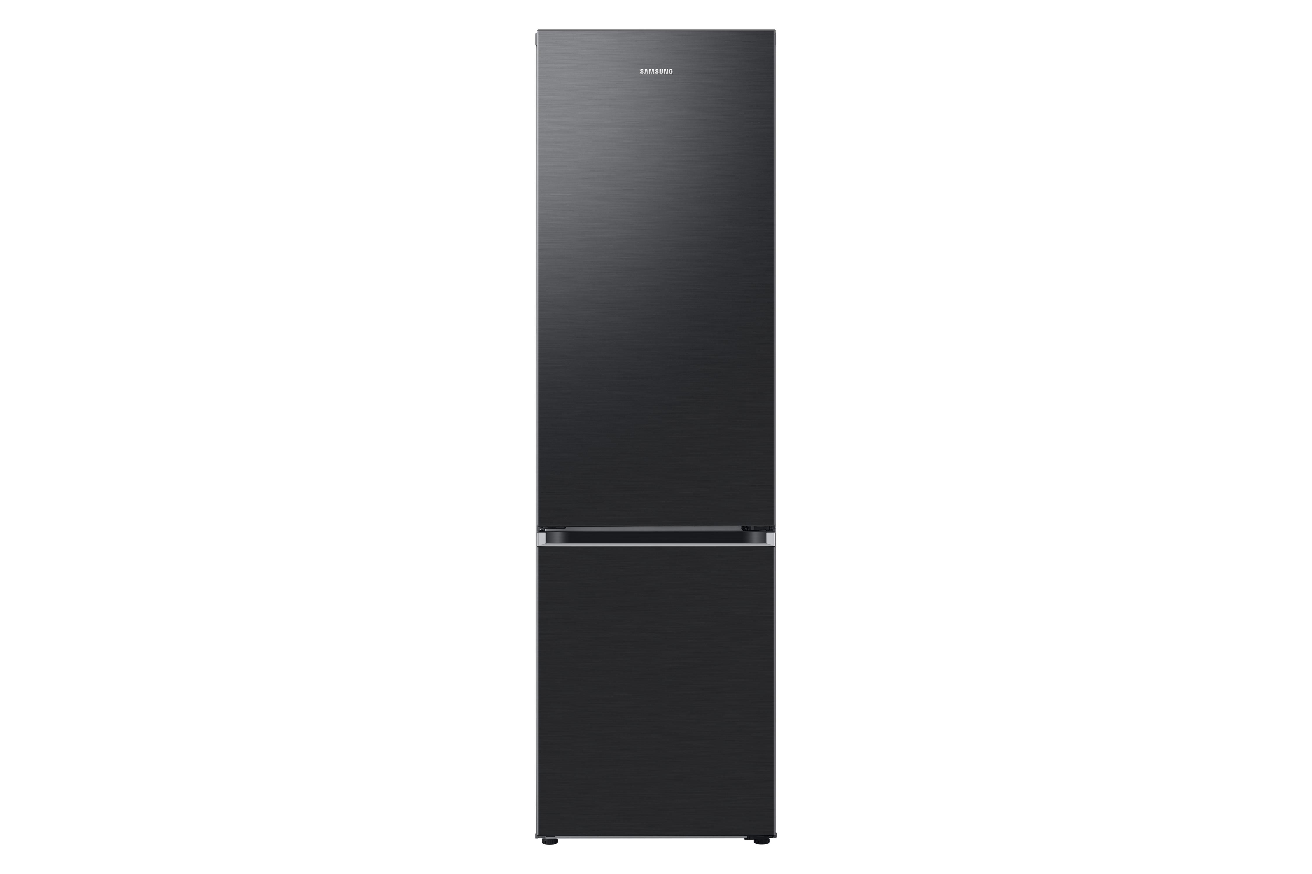 Ein schwarzer Kühlschrank, geschlossen, mit zwei Türen und dem Samsung-Logo darauf.