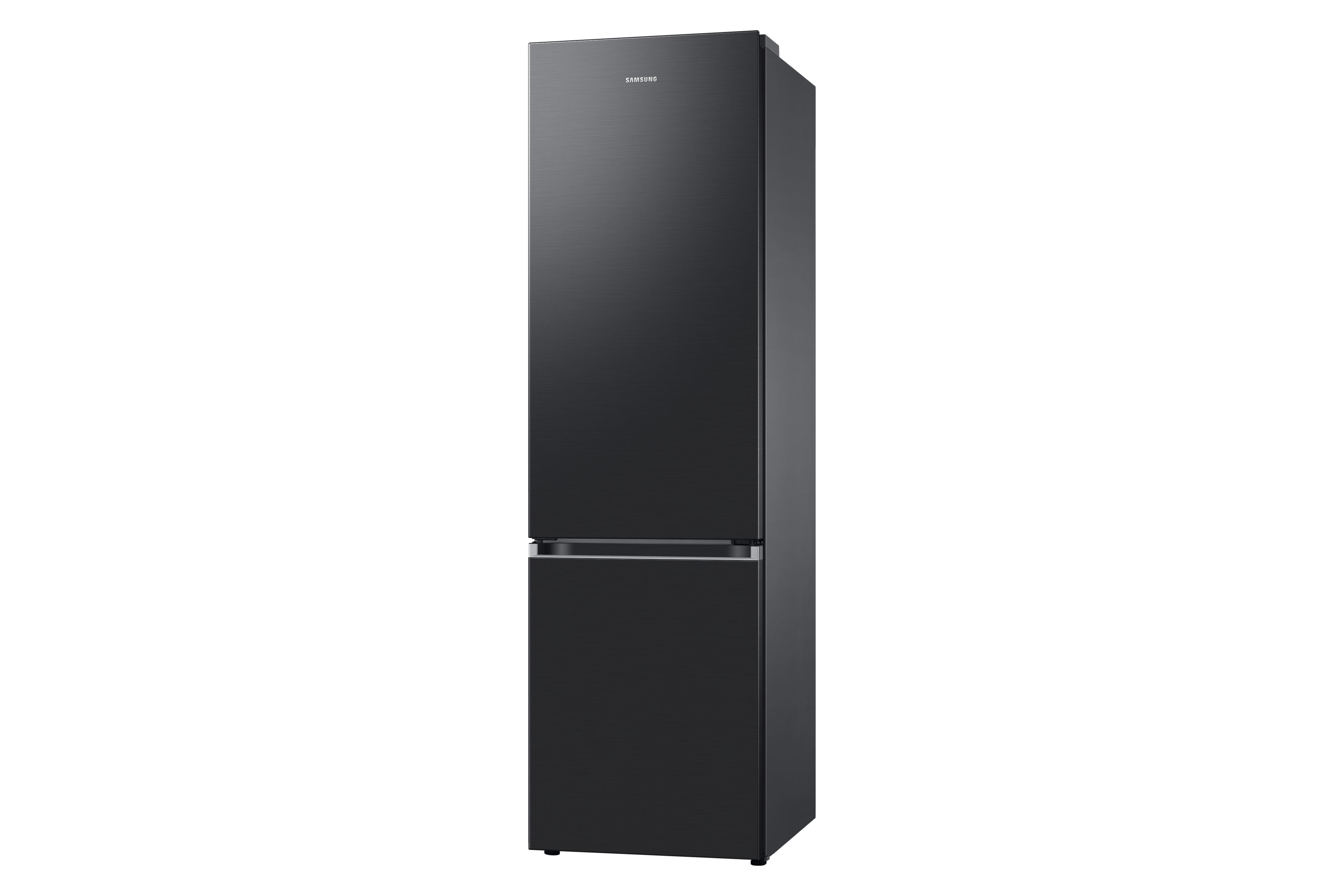 Schwarzer Samsung Kühlschrank. Zwei Türen. Metallisches Finish. Weißer Hintergrund.